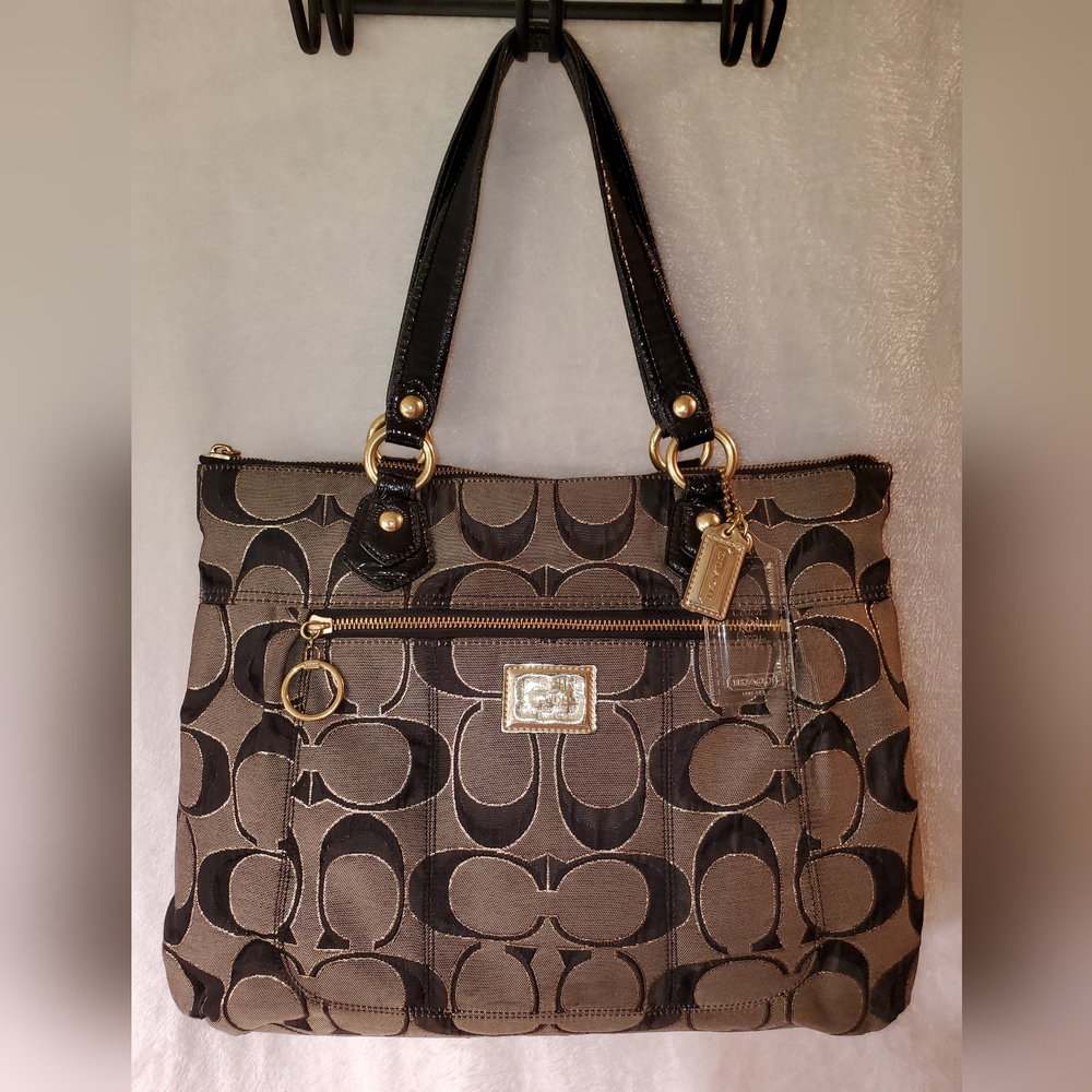 COACH VTG Large Poppy Signature Glam Tote Bag Tan & Black